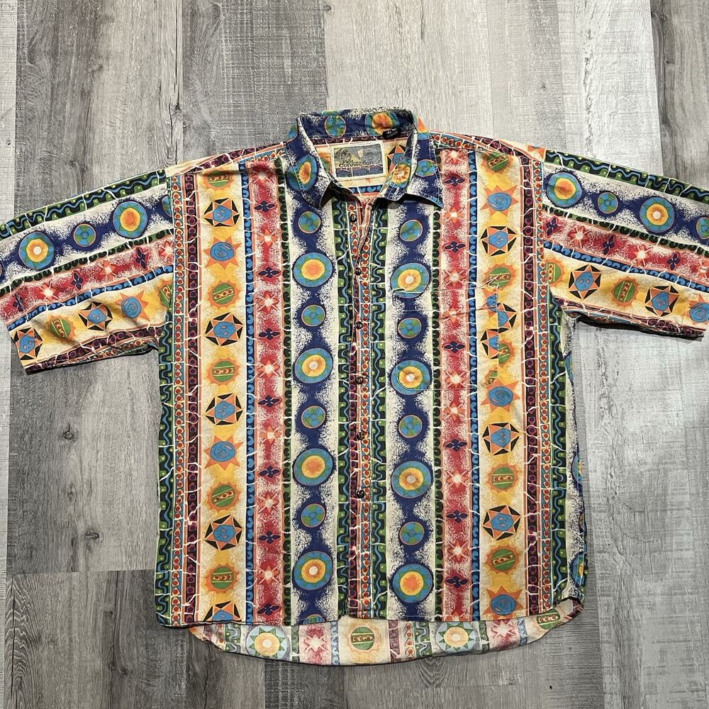 VTG Pier Connection Astrological Striped Colorful Boho Surf Button Beach Shirt